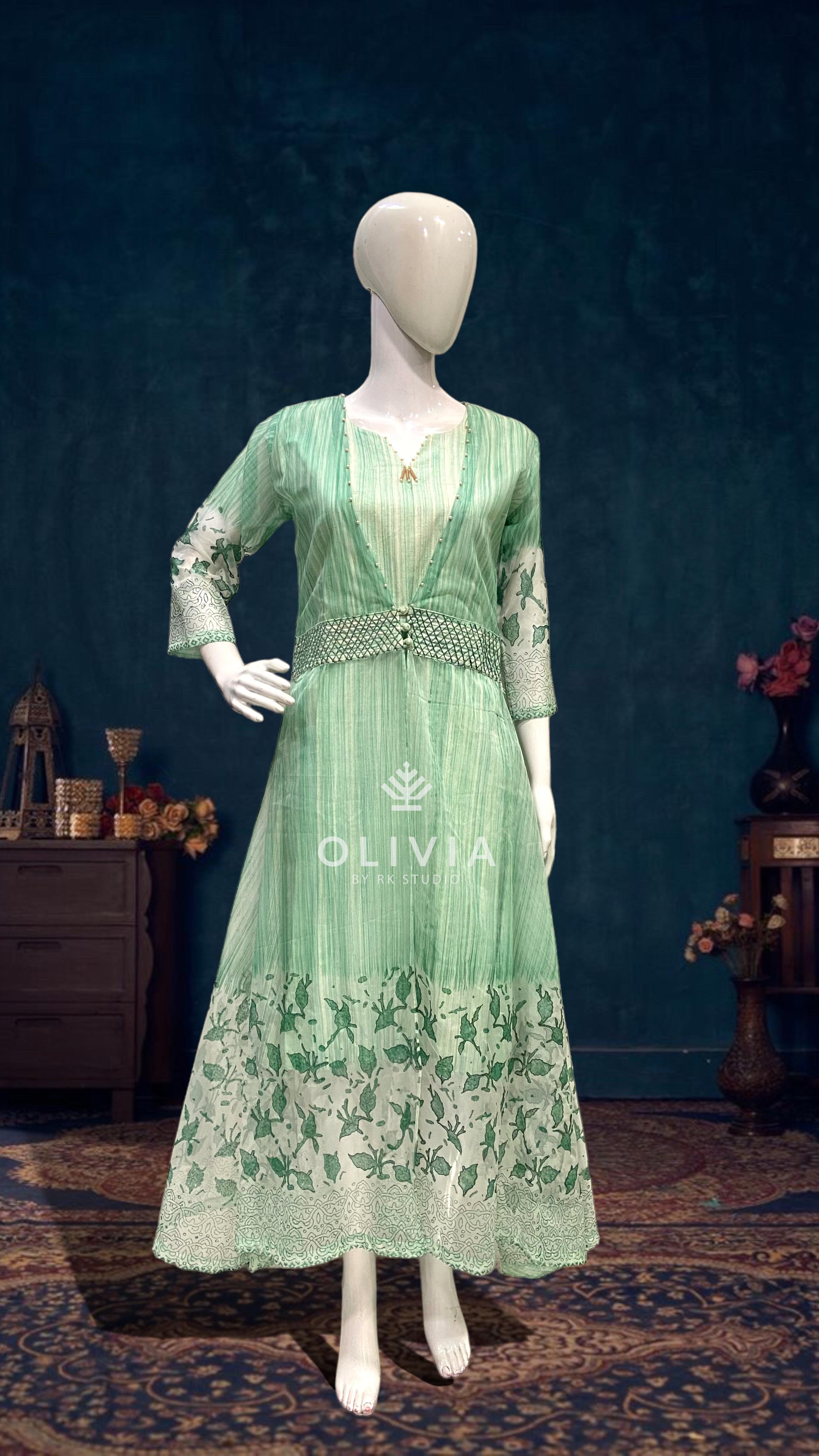 Floral Cotton Jacket-Style A-Line Gown with Belt