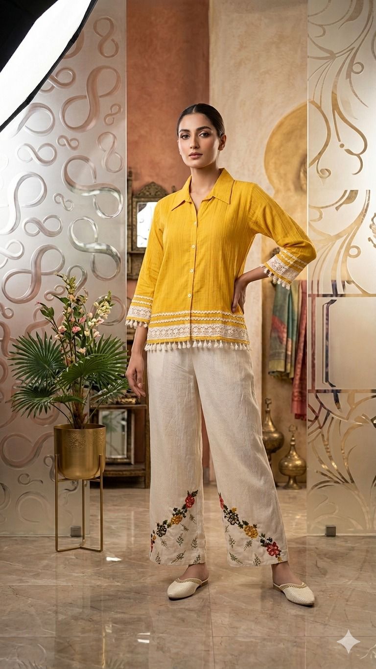 Cotton Collared Kurta with Embroidered Palazzo Set
