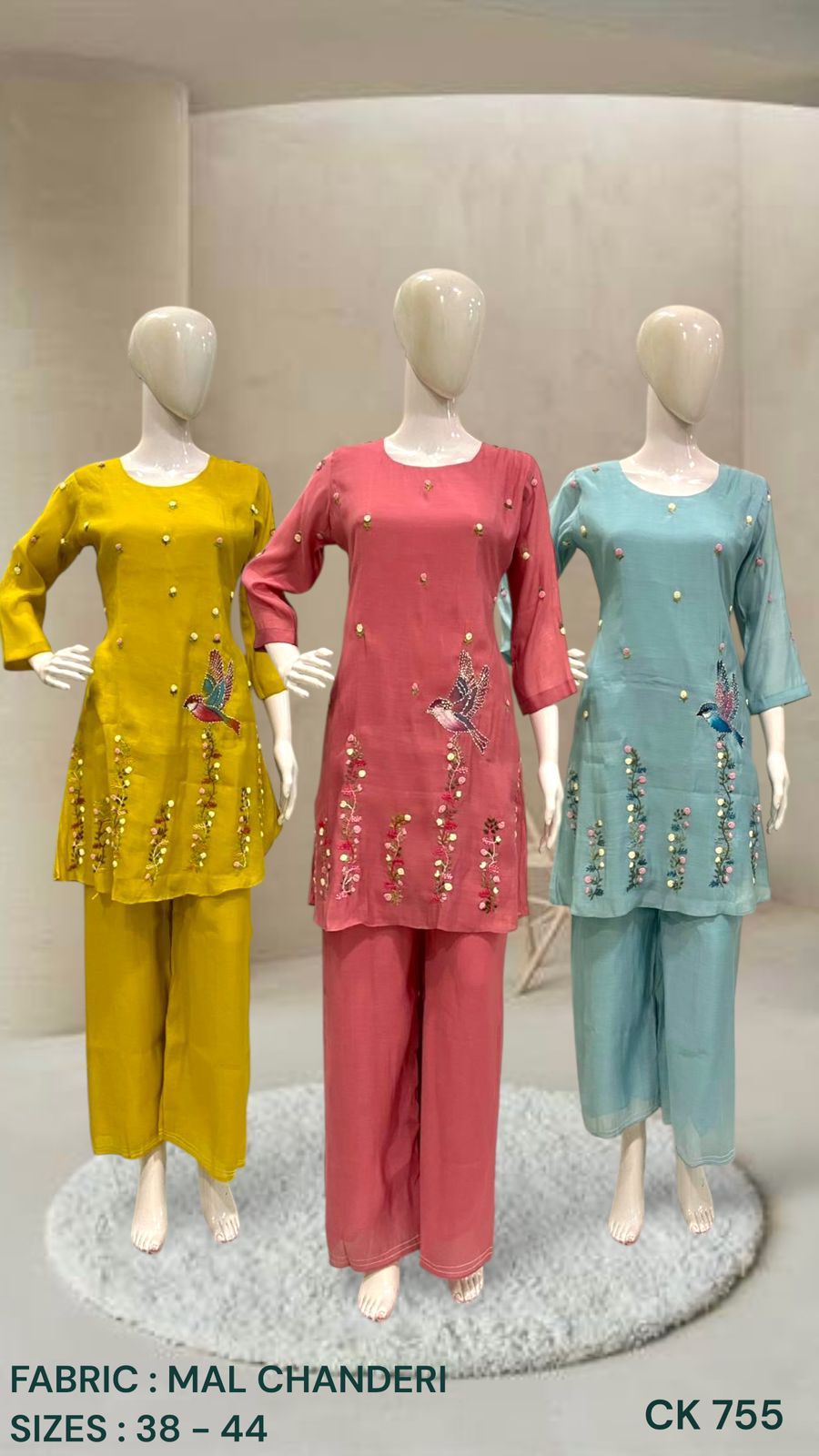 Bird Embroidered Mal Chanderi Kurta Palazzo Set