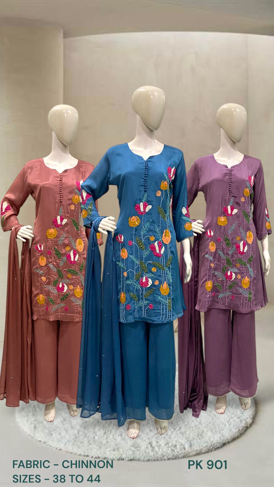Floral Embroidered Chinon Short Kurta Palazzo Set with Dupatta