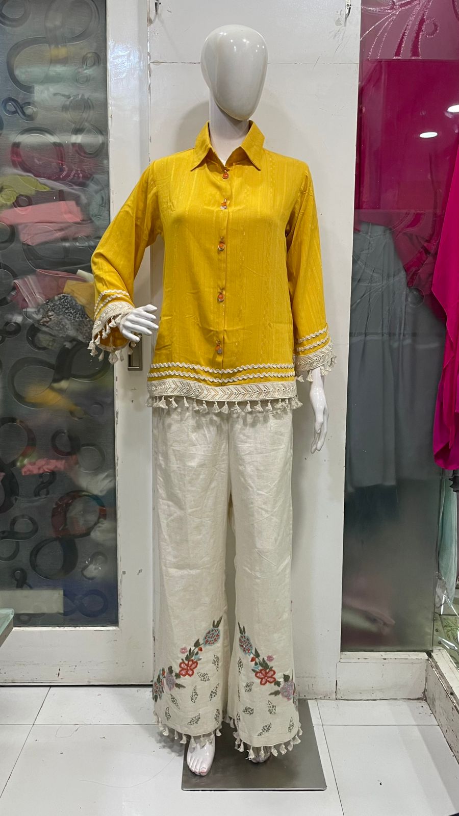 Tassel-Hem Cotton Collared Kurta Palazzo Set