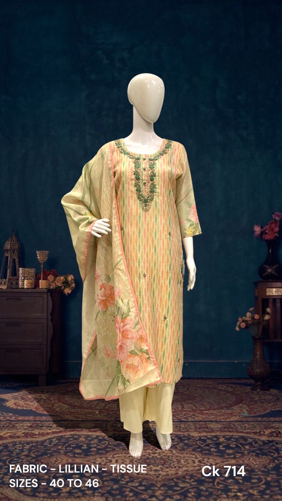 Embroidered Tissue Straight Kurta Set with Printed Dupatta