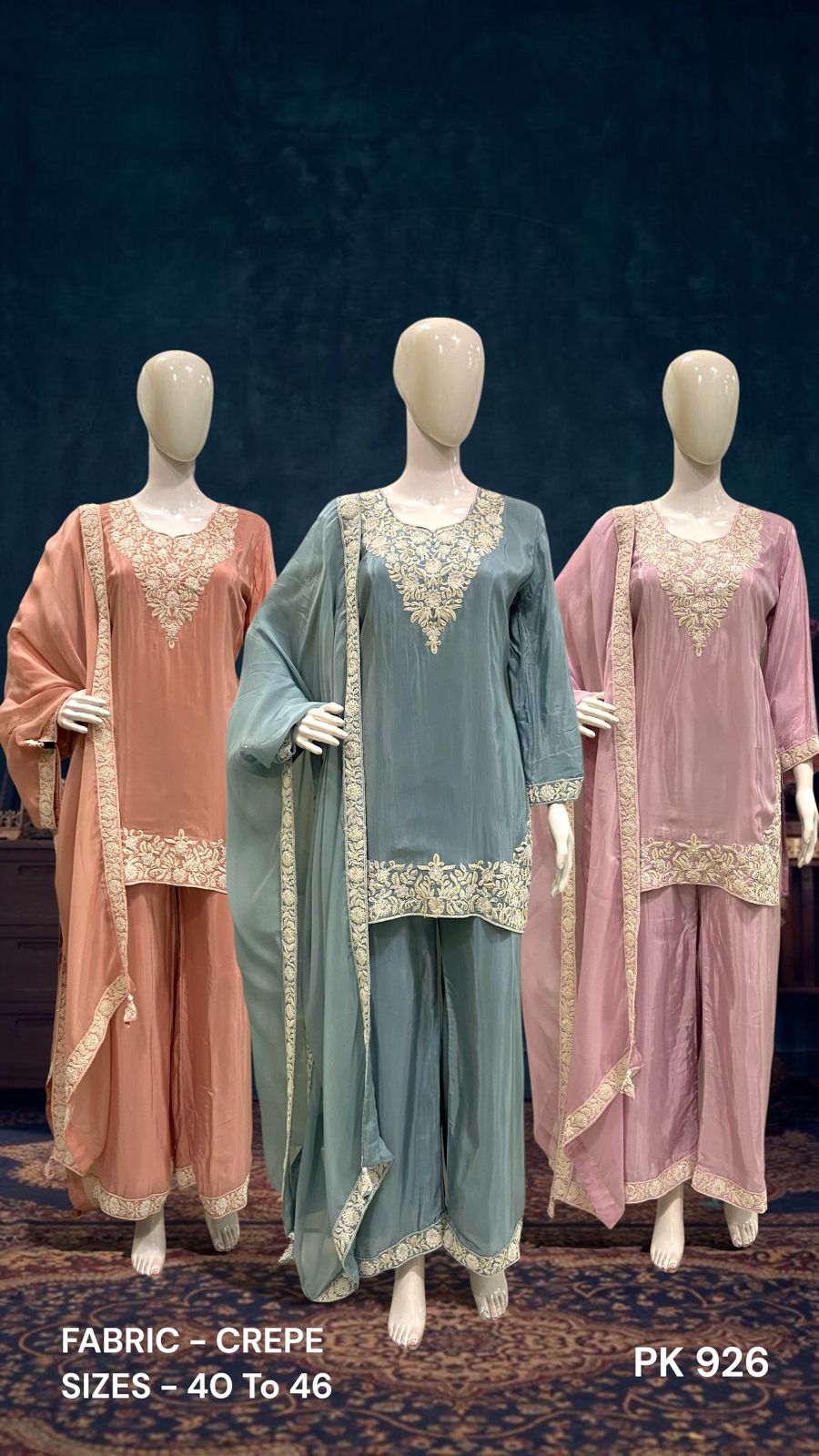 Gold Embroidered Crepe Kurta Palazzo Set with Dupatta