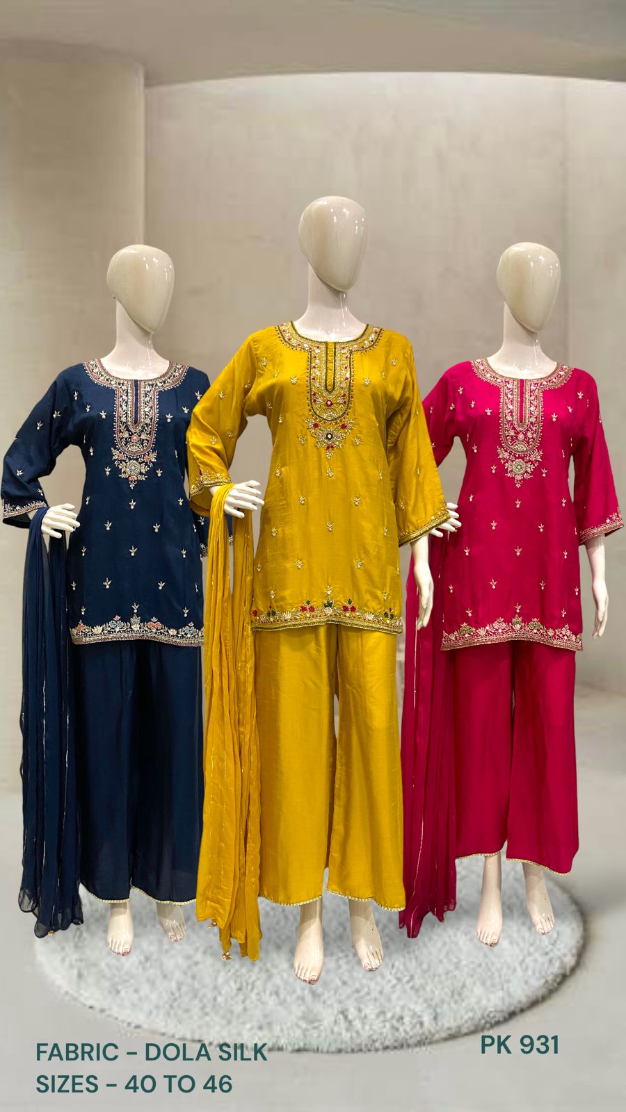 Embroidered Dola Silk Short Kurta Palazzo Set with Dupatta