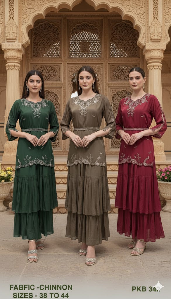 Embroidered Chinon Tiered Kurta Set with Scalloped Hem