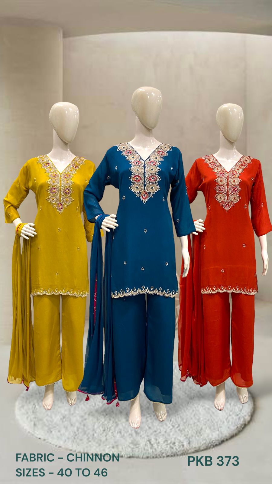 Embroidered Chinon Short Kurta Palazzo Set with Dupatta