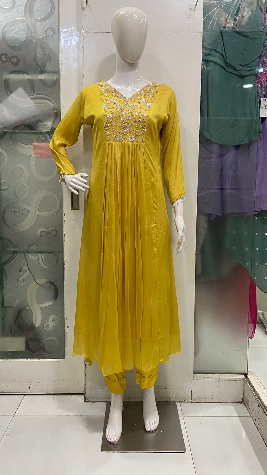 Mirror-Work Cotton Alia-Cut Kurta Set with Dupatta