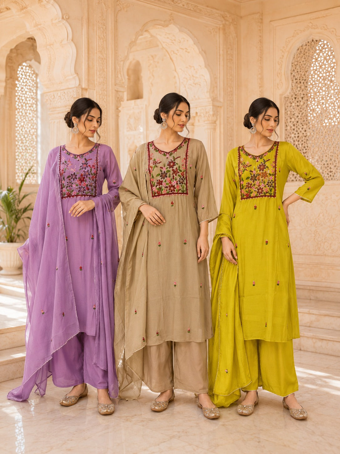 Floral Embroidered Cotton Alia-Cut Kurta Set with Dupatta