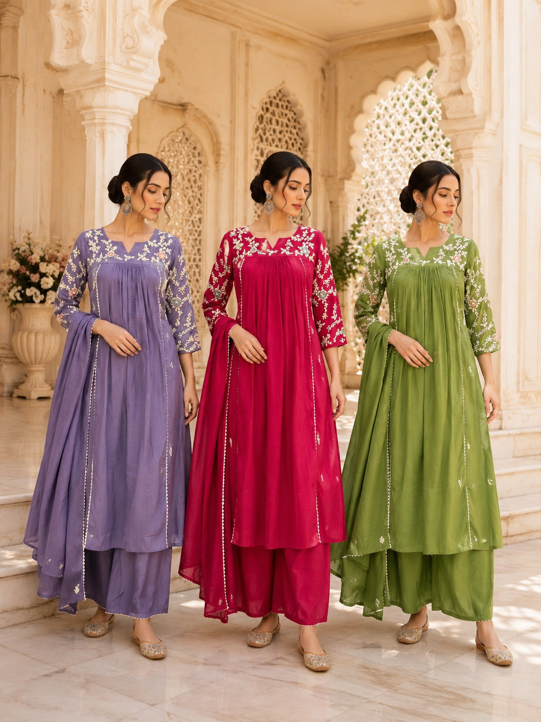 Floral Embroidered Cotton Alia-Cut Kurta Set with Dupatta