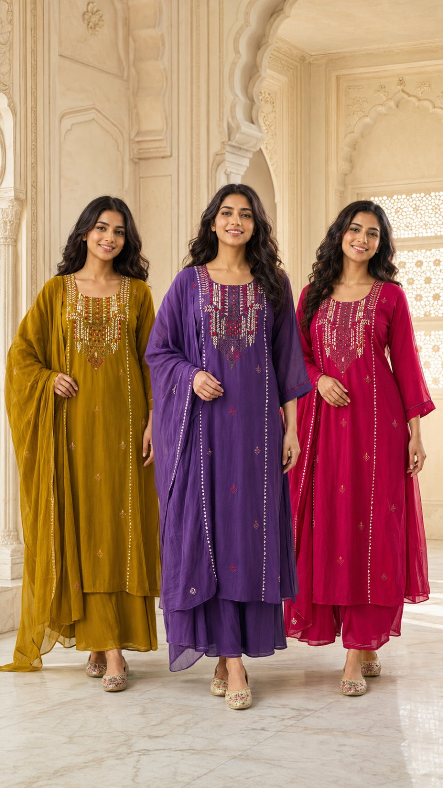 Embroidered Cotton Straight Kurta Palazzo Set with Dupatta