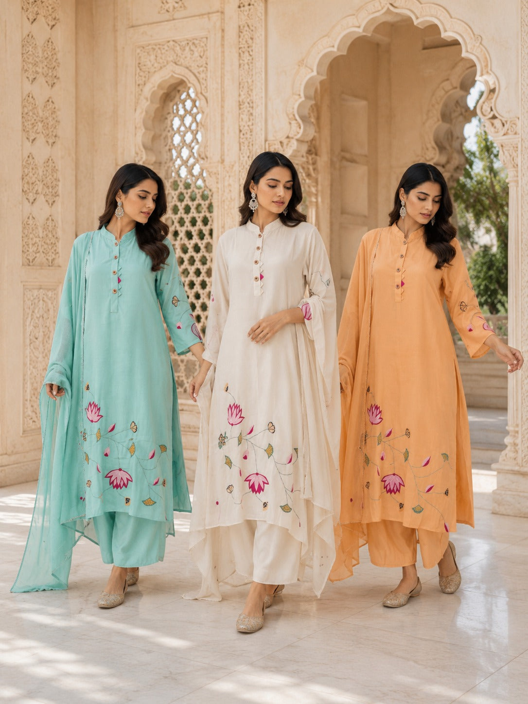 Hand-Painted Lotus Cotton Kurta Palazzo Set with Dupatta