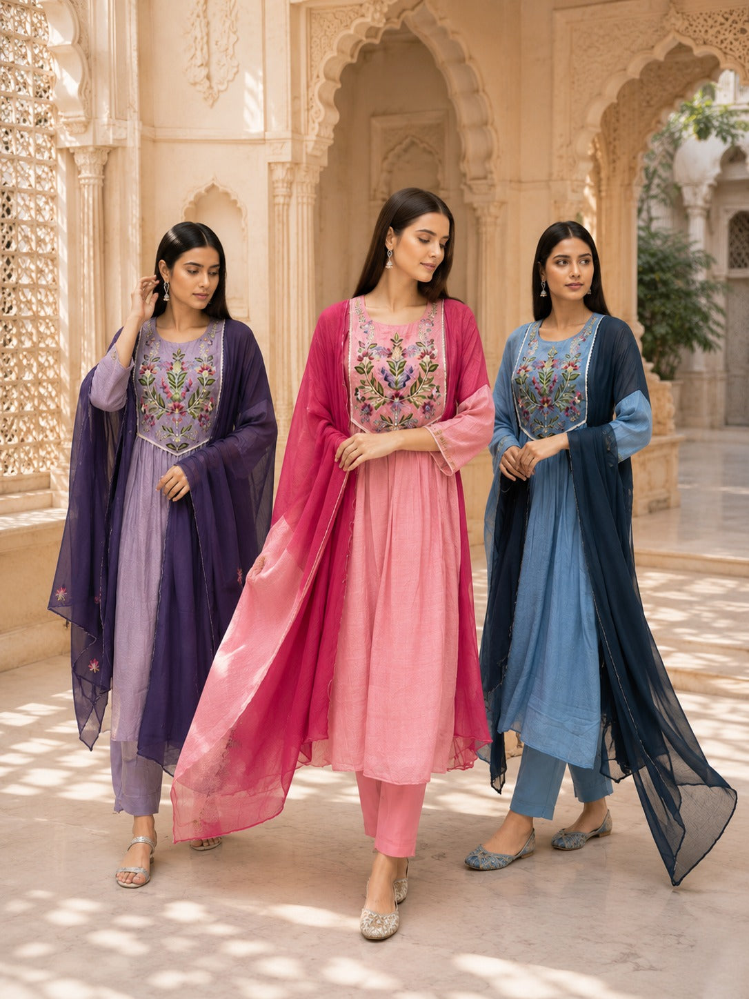 Floral Embroidered Cotton Anarkali Kurta Set with Dupatta