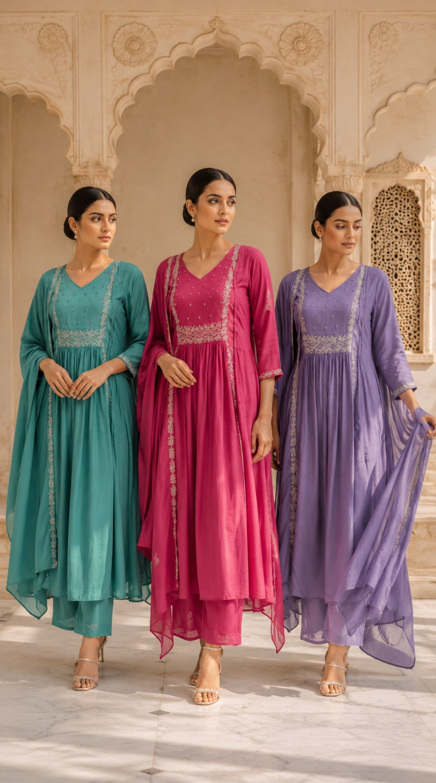 Cotton Alia-Cut Kurta Pant Set with Embroidered Dupatta