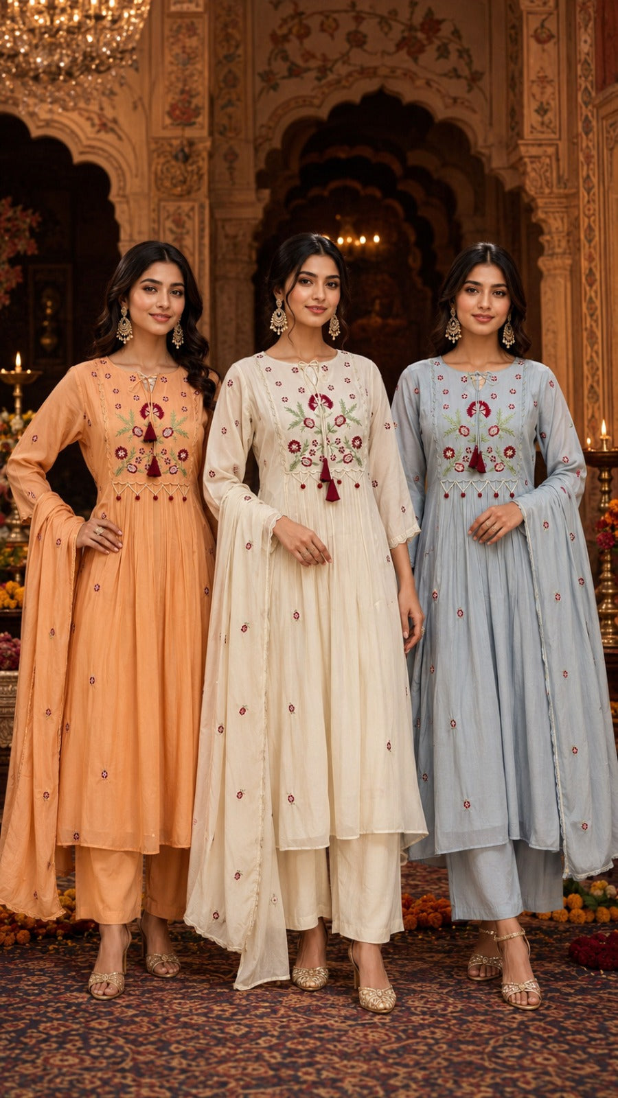 Floral Embroidered Cotton Alia-Cut Kurta Pant Set
