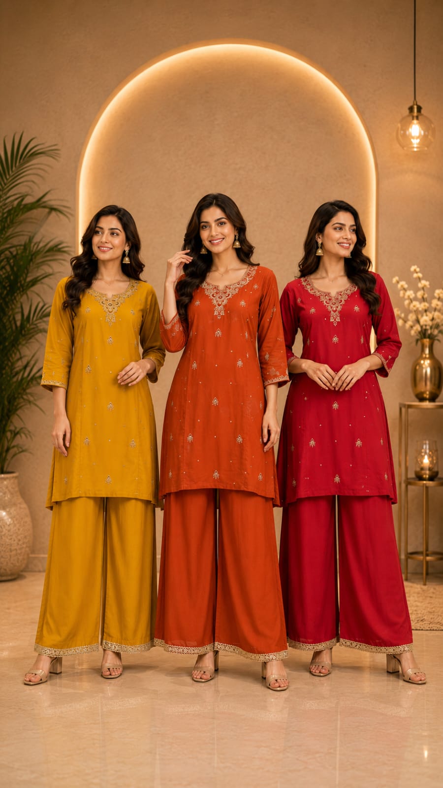 Floral Embroidered Straight Kurta Palazzo Set with Lace Hem