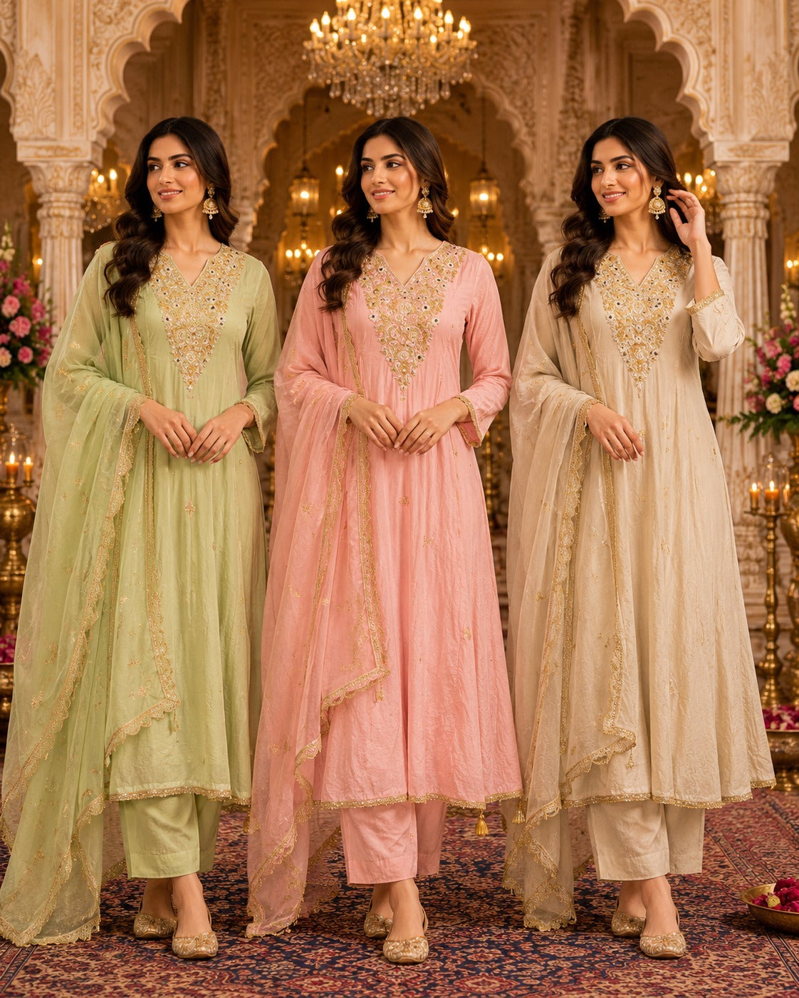 Floral Embroidered Cotton Alia-Cut Kurta Set with Dupatta