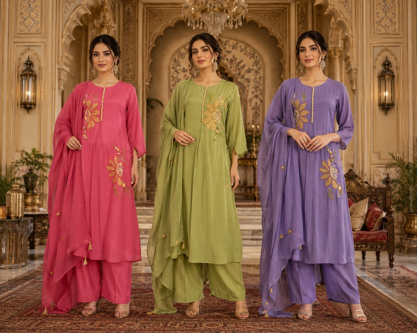 Gold Floral Embroidered Cotton Kurta Set with Dupatta
