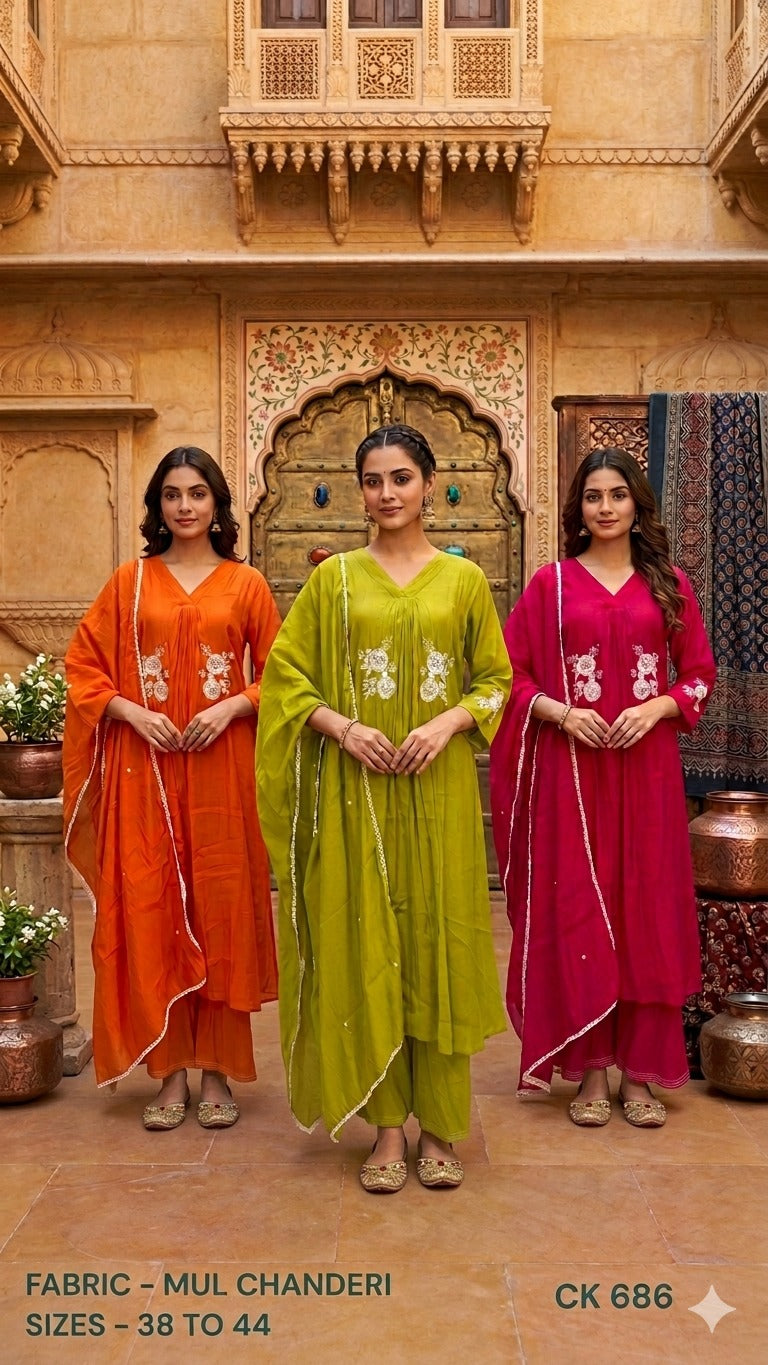 Embroidered Mul Chanderi Alia-Cut Kurta Set with Dupatta
