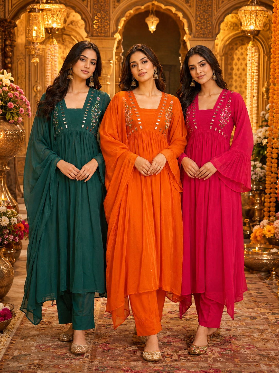 Mirror Embroidered Cotton Alia-Cut Kurta Set with Dupatta