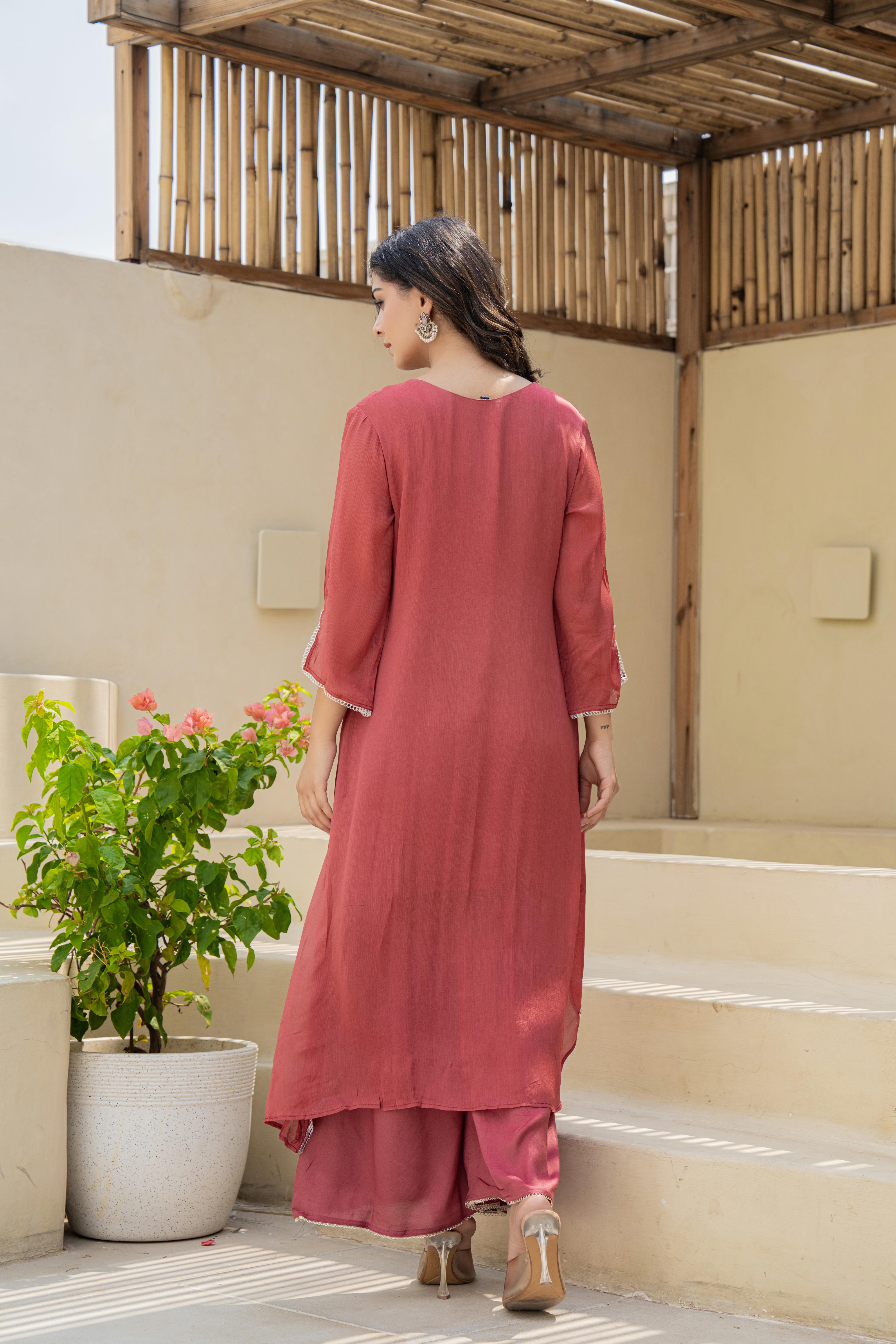 Rust Embroidered High-Low A-Line Kurti Set with Dupatta | House of Olivia back view