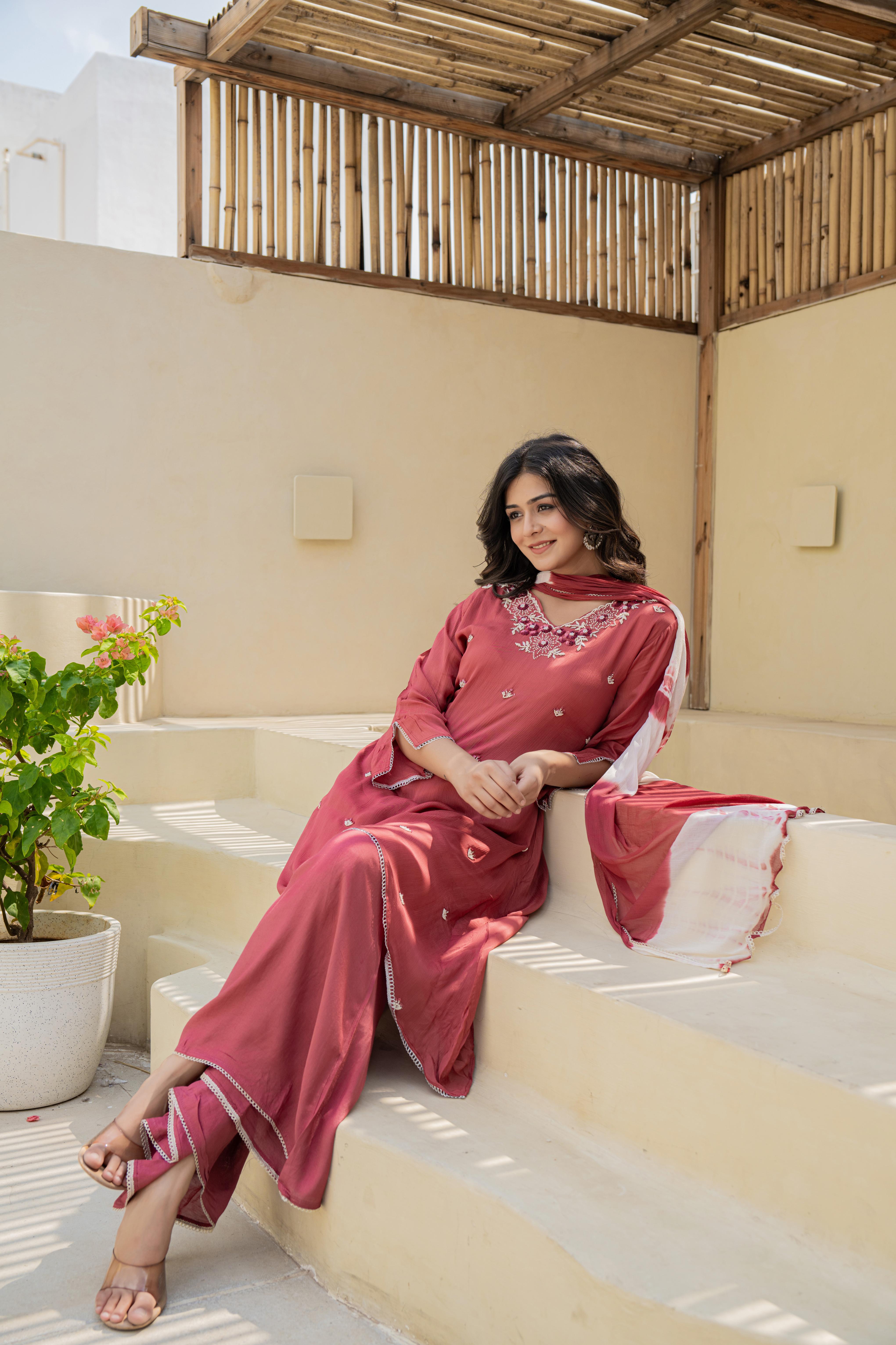 Rust Embroidered High-Low A-Line Kurti Set with Dupatta | Barjatiya Fashions