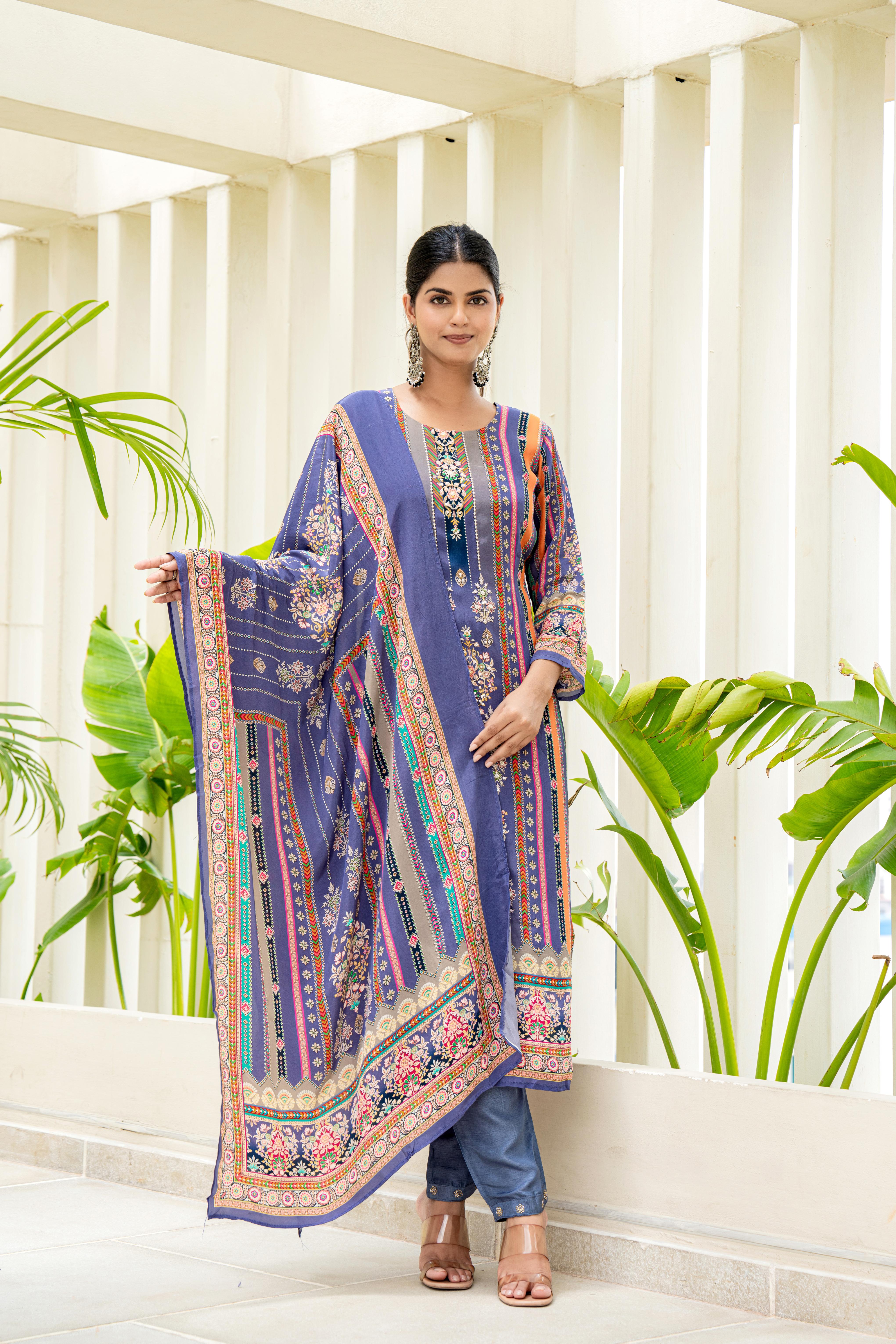 Royal Blue Embroidered Kurti Set with Dupatta | House of Olivia dupatta view