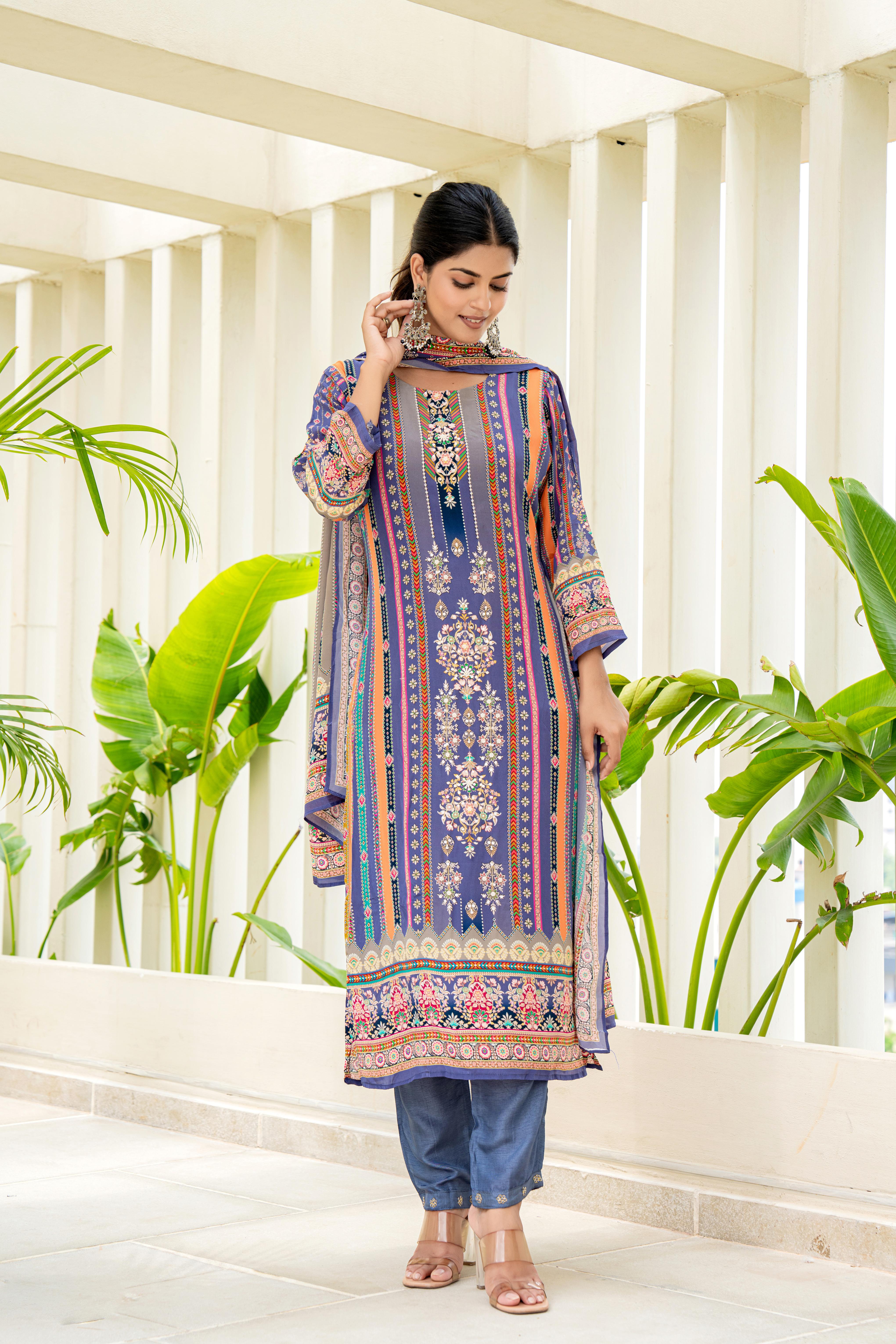 Royal Blue Embroidered Kurti Set with Dupatta | House of Olivia front view