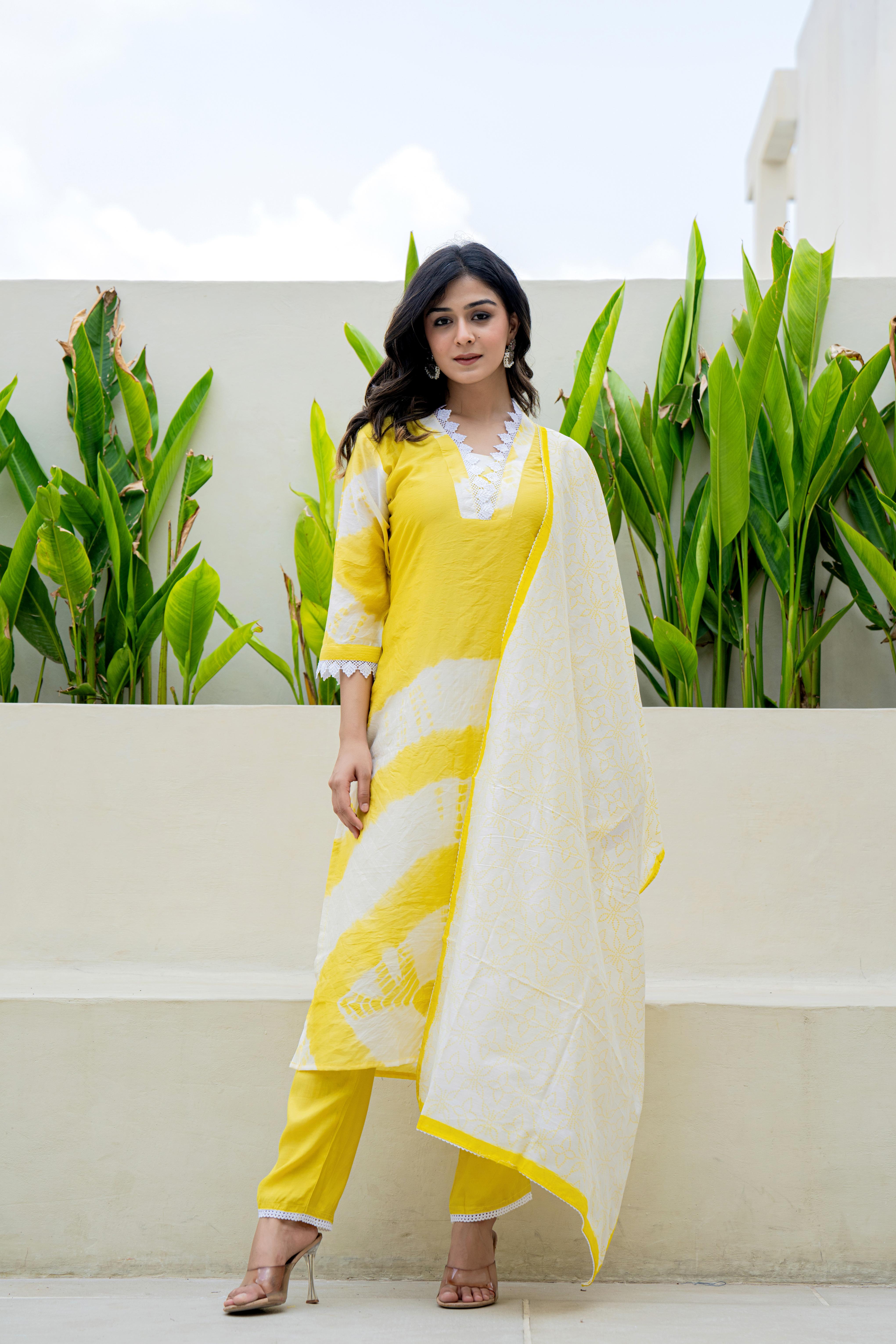 Sunshine Yellow Tie-Dye Kurti Set with Dupatta front view