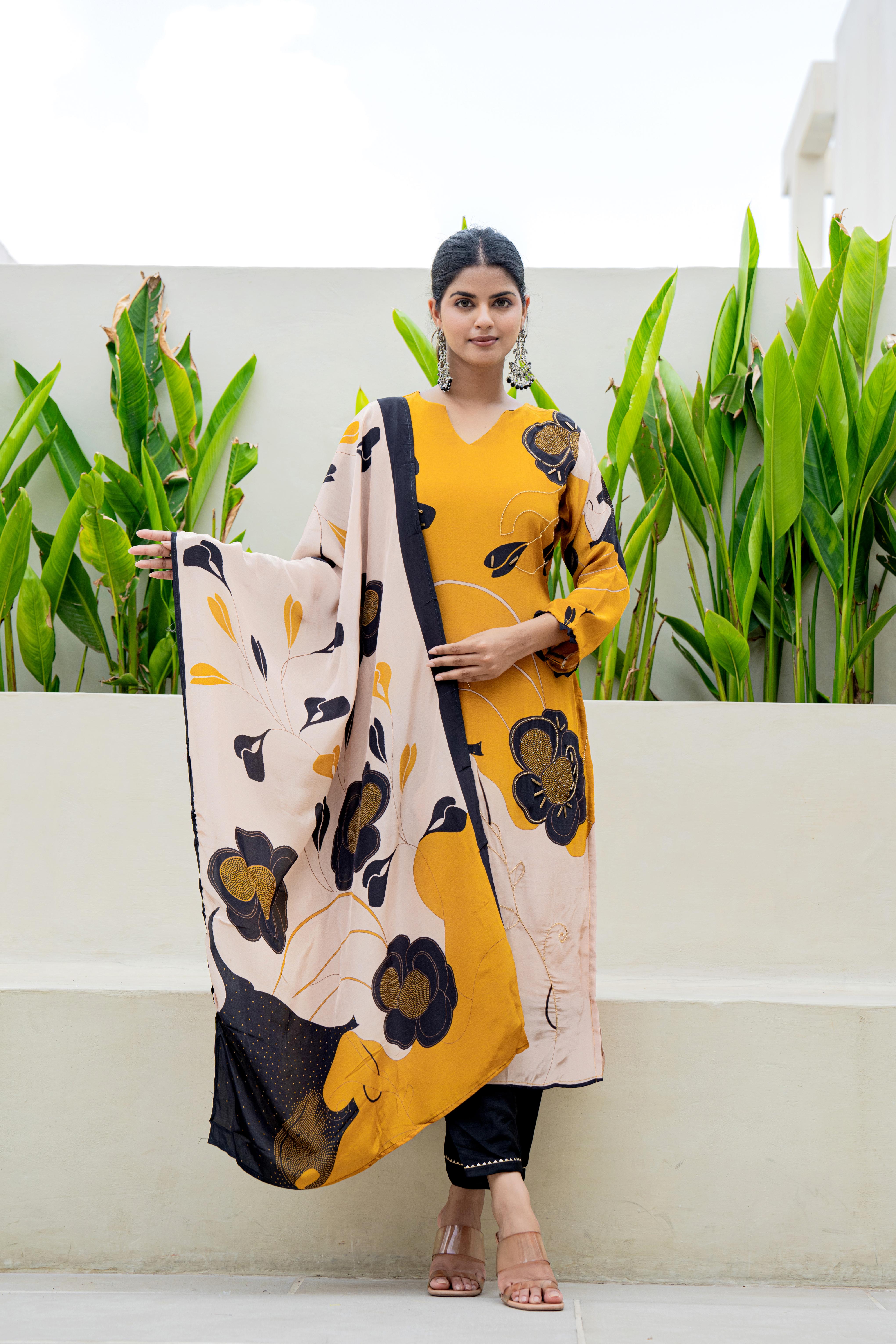 Mustard Floral Printed Kurti Set with Dupatta | House of Olivia dupatta view