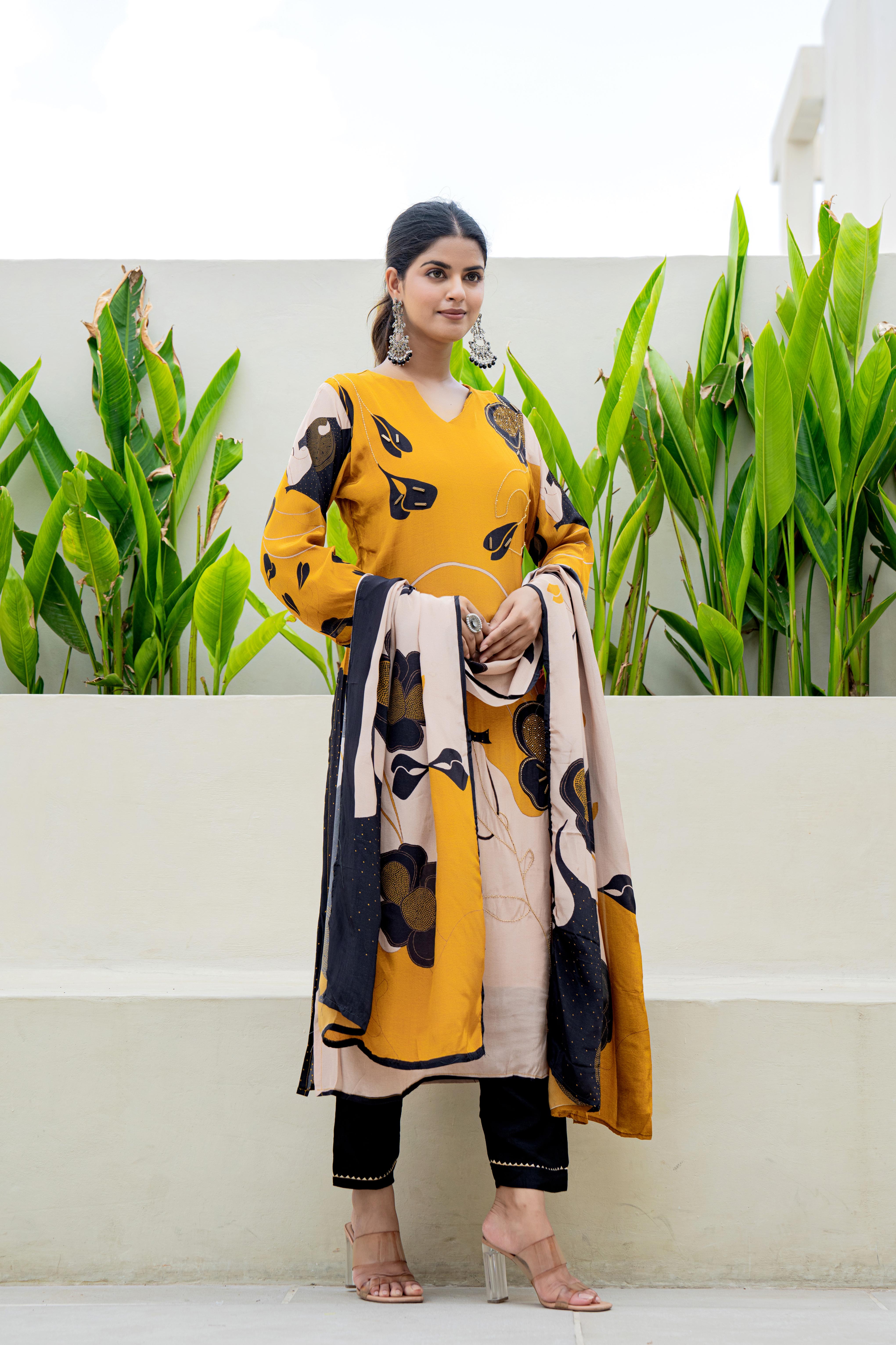 Mustard Floral Printed Kurti Set with Dupatta | House of Olivia front view