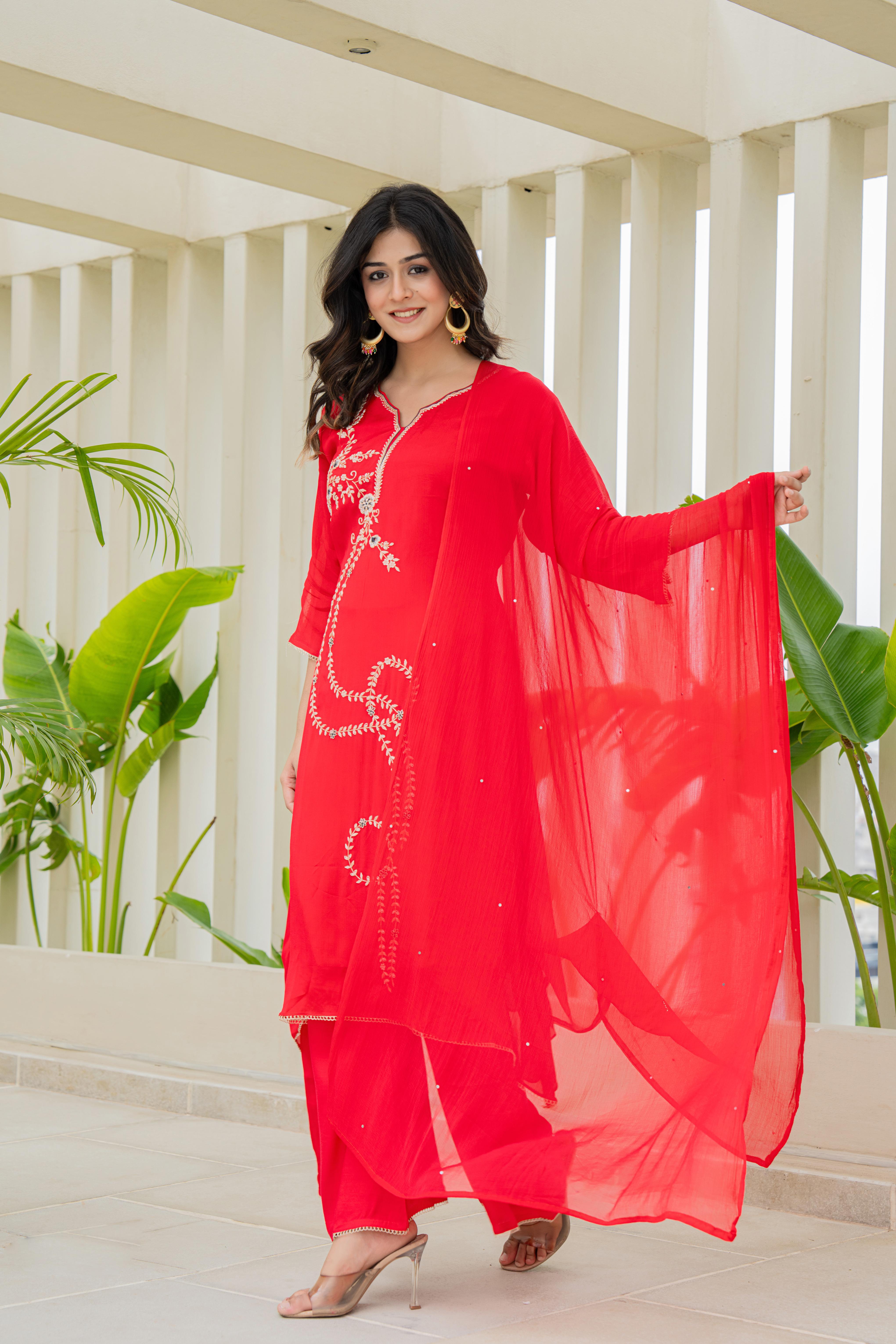 Red Embroidered Kurti Set with Dupatta | House of Olivia dupatta view