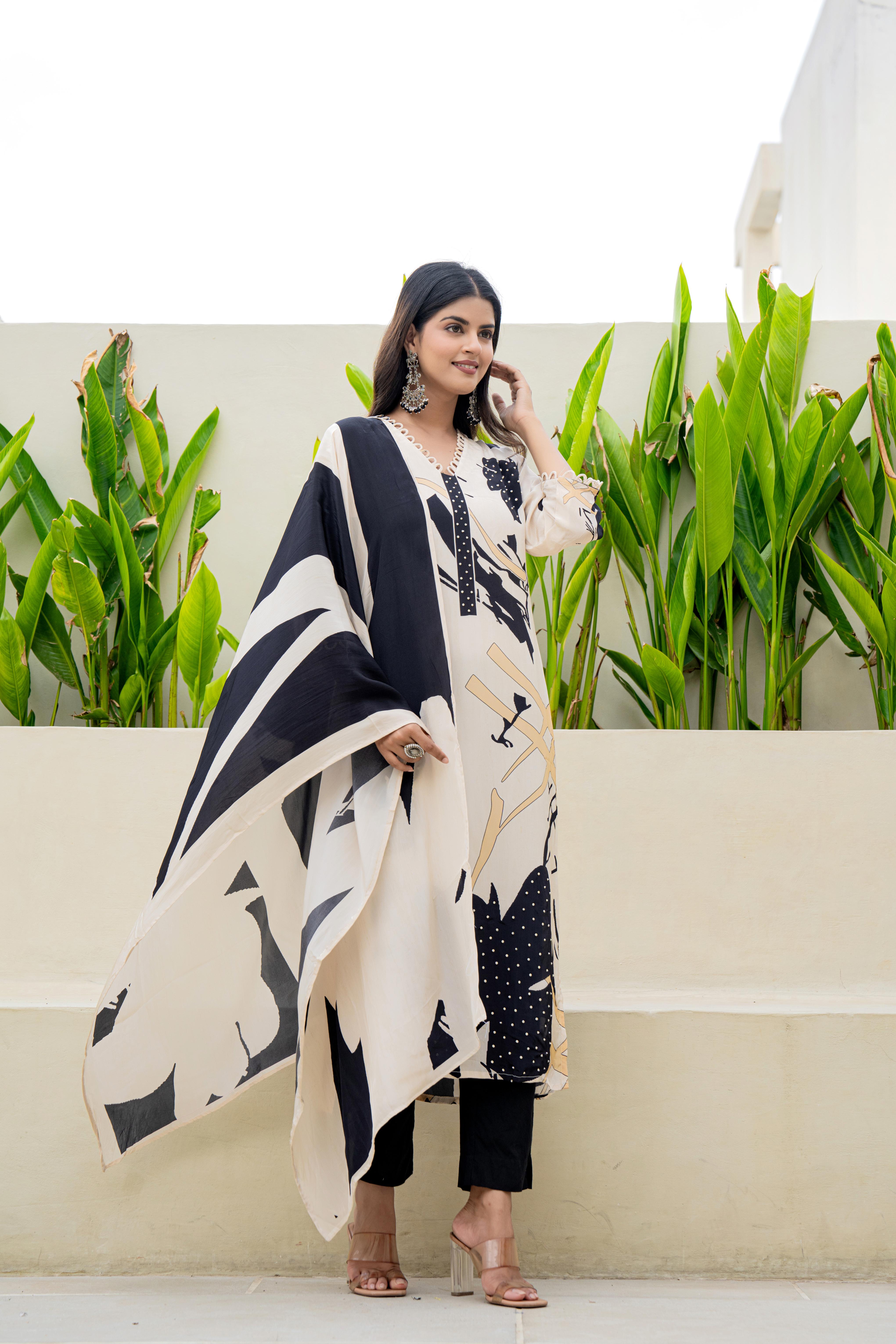 Black & White Abstract Printed Kurti Set | House of Olivia side view
