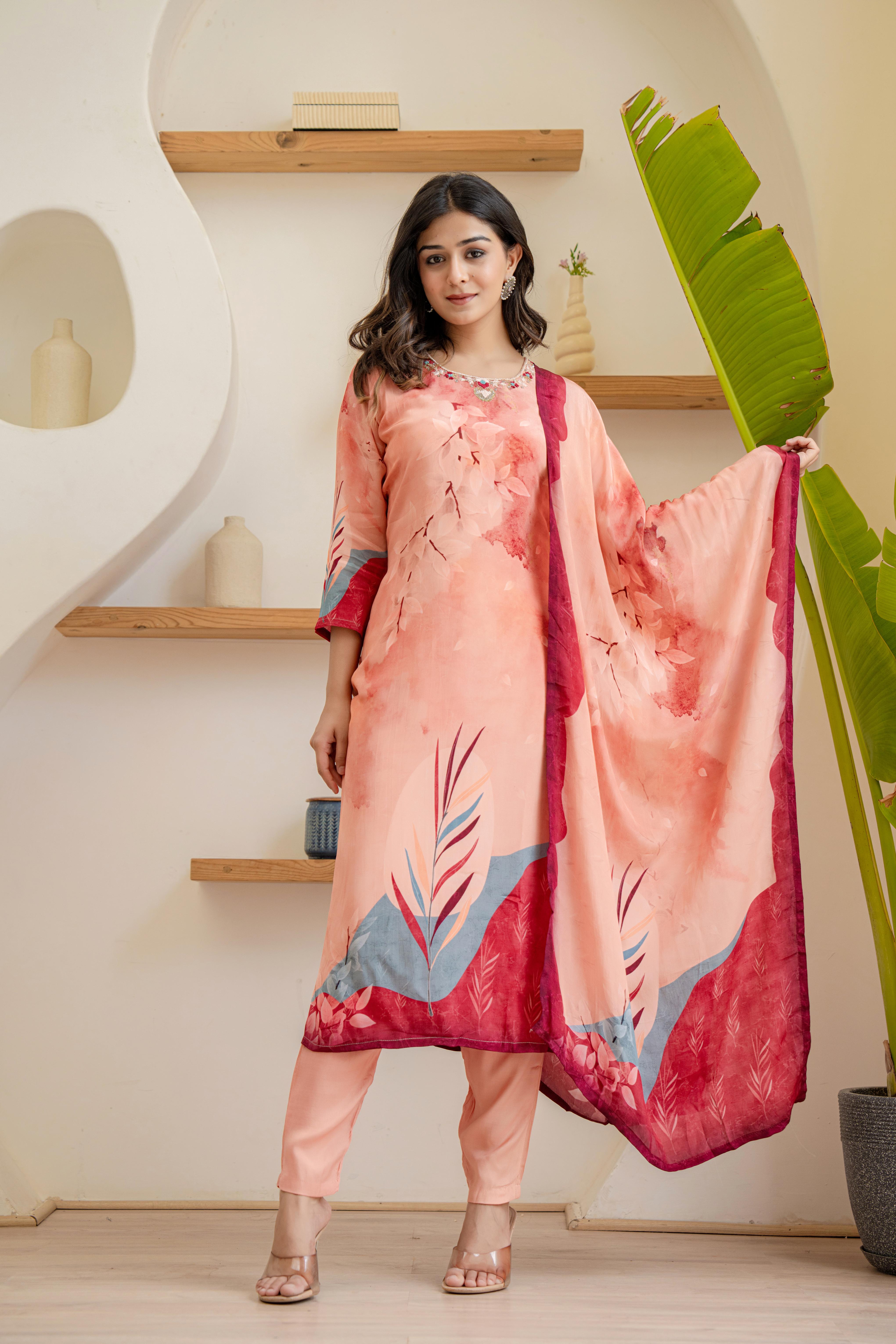 Peach Floral Printed Kurti Set with Dupatta | House of Olivia dupatta view