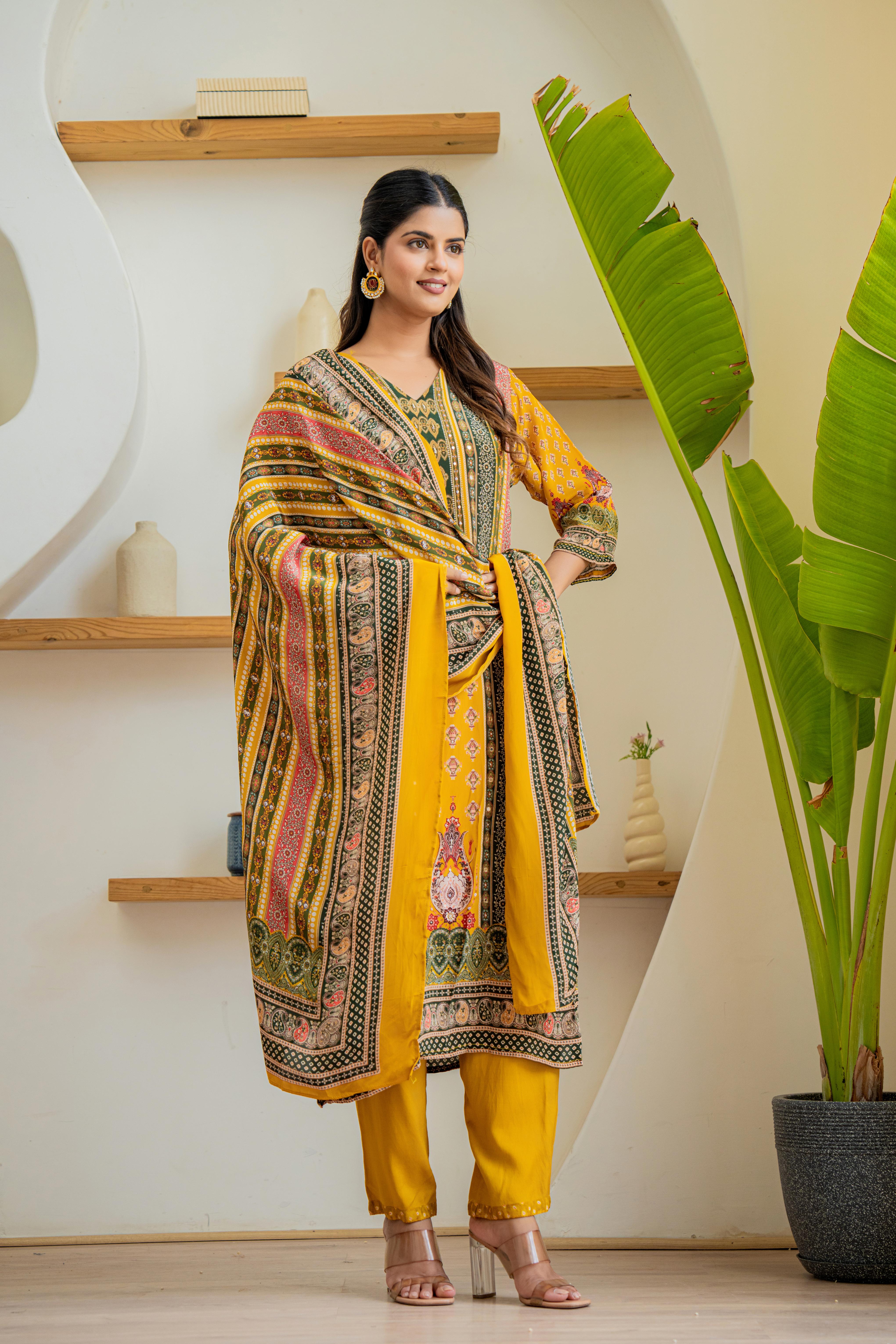 Elegant Mustard Multi-Color Printed Kurti Set | House of Olivia front view