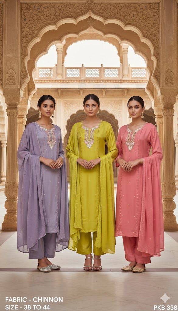 Embroidered Chinon Straight Kurta Set with Dupatta
