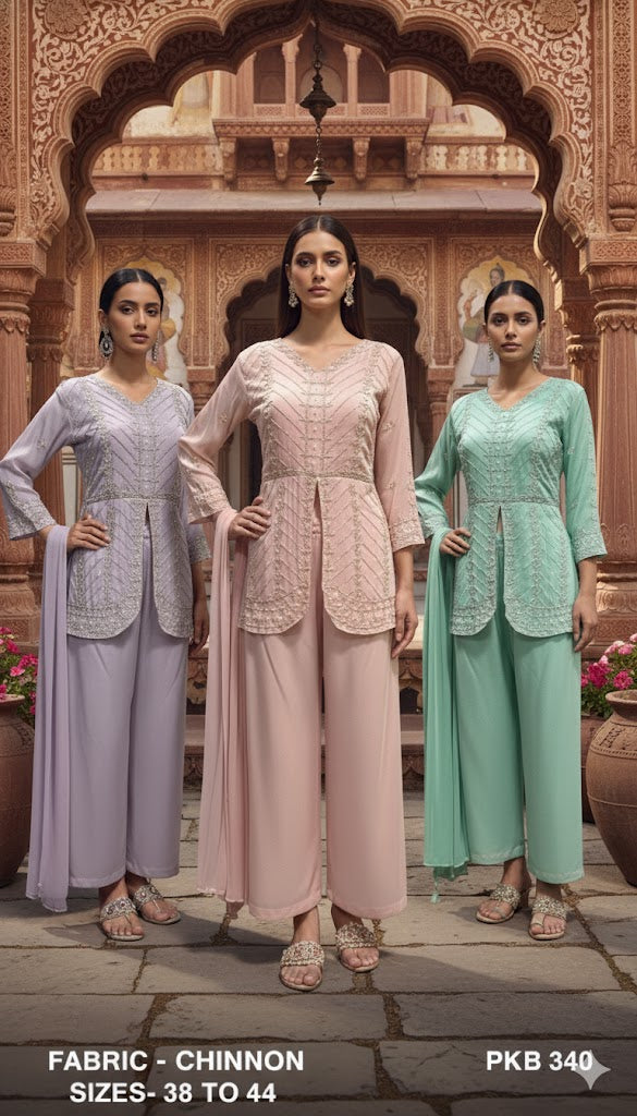 Embroidered Chinon Peplum Kurti Palazzo Set with Dupatta