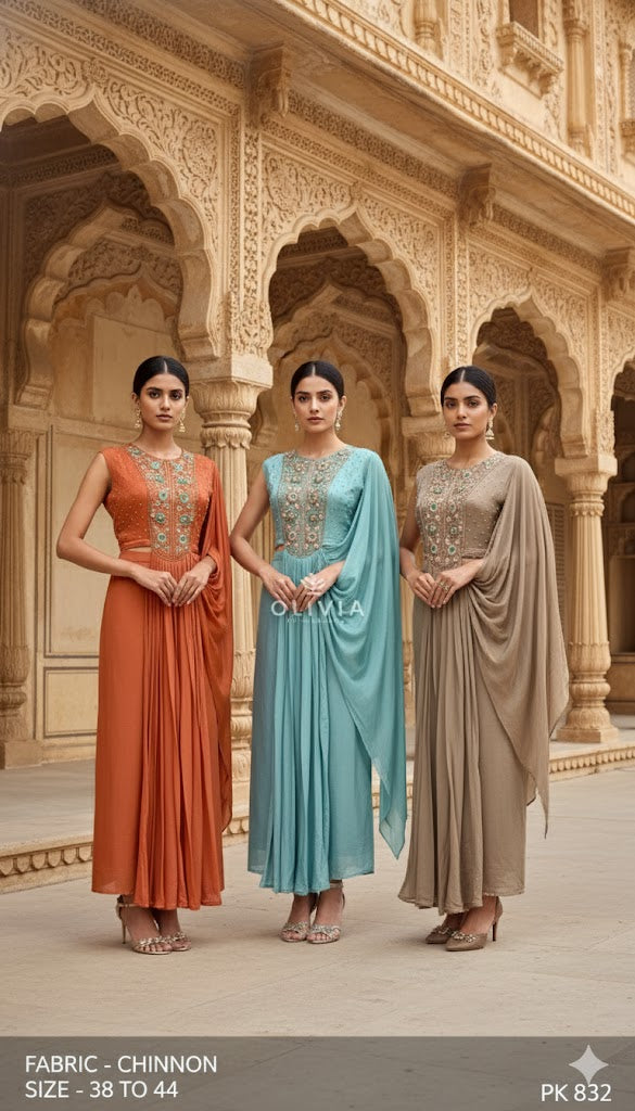 Embroidered Chinon Cowl-Drape Gown with One-Shoulder Drape