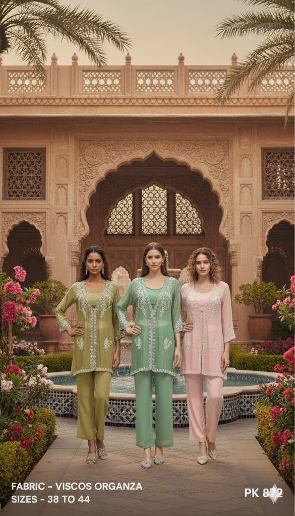 Embroidered Organza Sheer Jacket Co-ord Set with Pants
