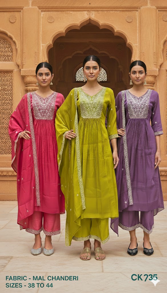 Mirror Embroidered Mal Chanderi Alia-Cut Kurta Set with Dupatta