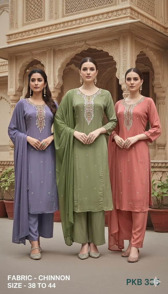 Embroidered Chinon Straight Kurta Pant Set with Dupatta
