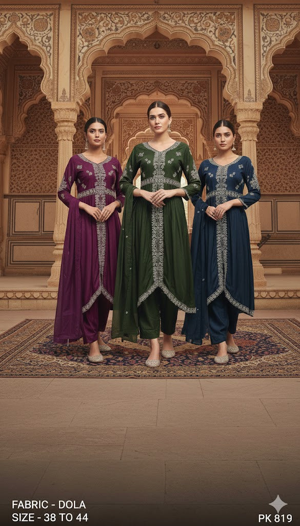 Embroidered Dola Silk A-Line Kurta Set with Dupatta