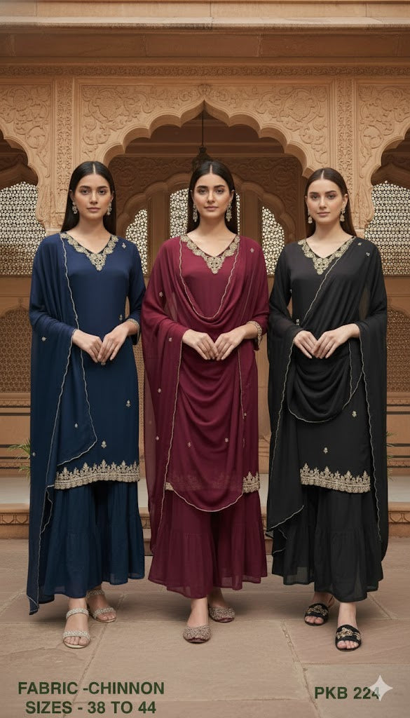 Embroidered Chinon Kurta Palazzo Set with Draped Dupatta