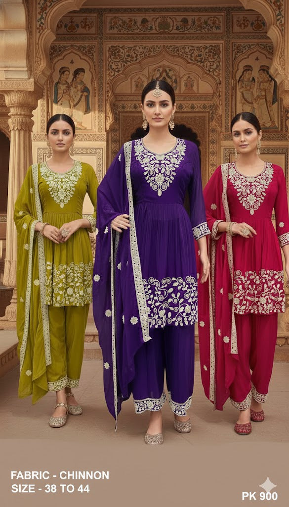 Embroidered Chinon Flared Kurta Dhoti-Pant Set with Dupatta