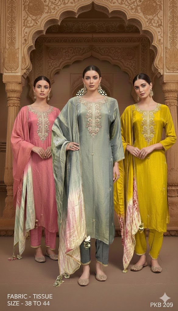 Embroidered Tissue Straight Kurta Pant Set with Dupatta