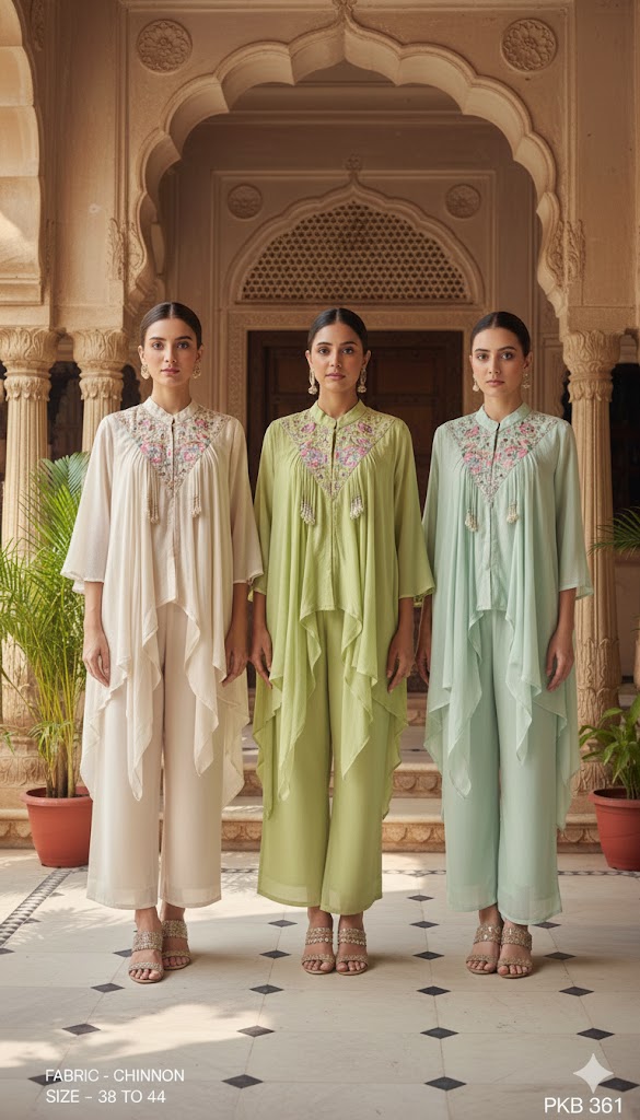 Embroidered Chinon Asymmetric Kaftan Tunic Set with Palazzo