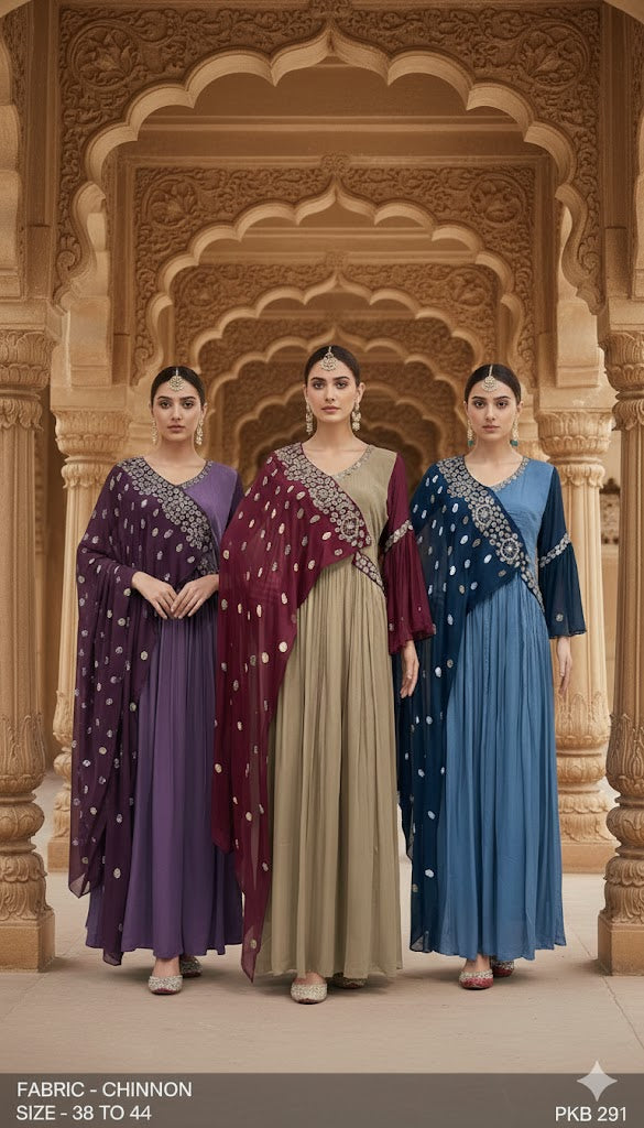 Embroidered Chinon Flared Gown with Cape Drape