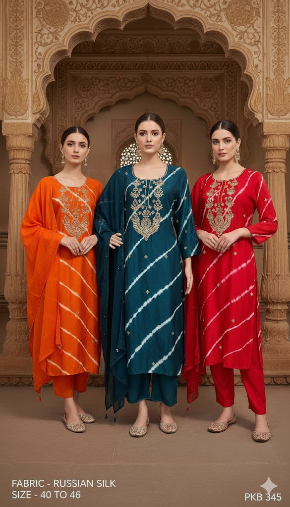 Leheriya Embroidered Russian Silk Kurta Set with Dupatta