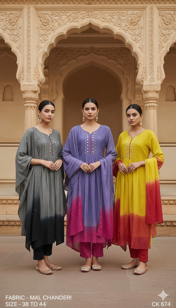 Mirror Embroidered Mal Chanderi Ombre Kurta Set with Dupatta