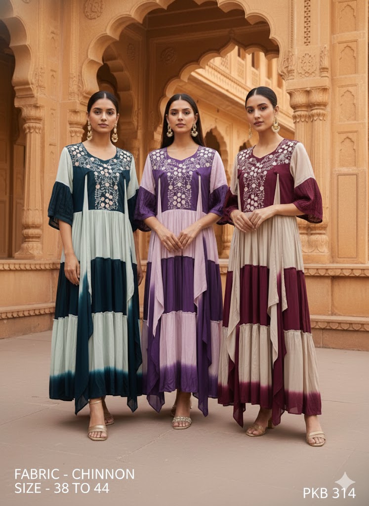 3D Floral Embroidered Chinon Tiered Ombre Gown