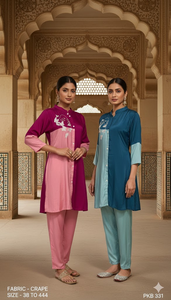 Bird Embroidered Colourblock Crepe Kurta Pant Set